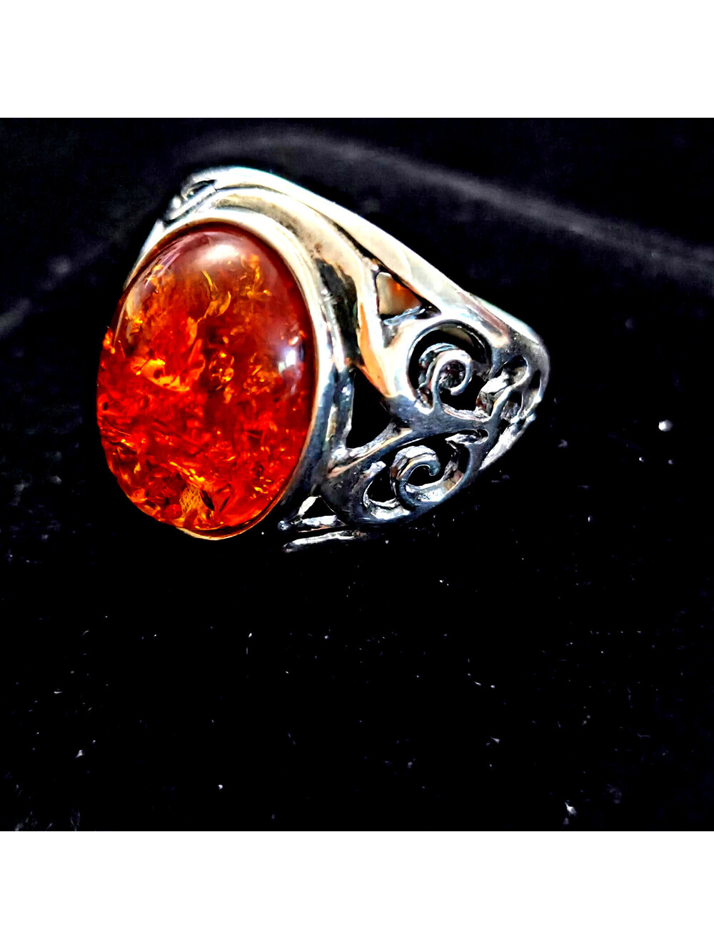 Sterling Silver Cognac Honey Amber Filigree Ring Sz 9 Vintage Polish V-8 925